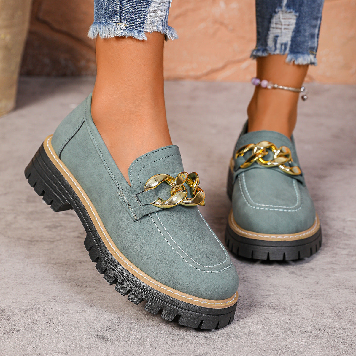Metal Chain Thick-soled Versatile Casual Loafers